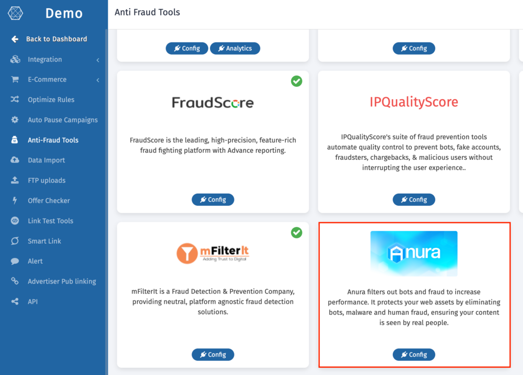 Trackier added Anura as a third-party anti-fraud tool to its PMS
