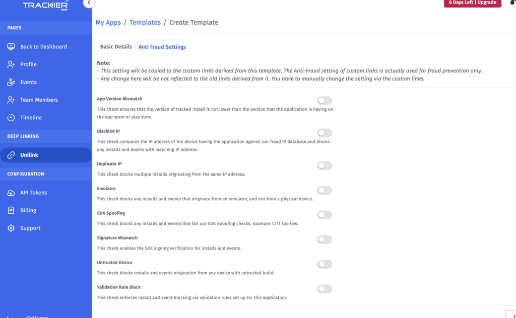 Set your own fraud settings in unilink in MMP