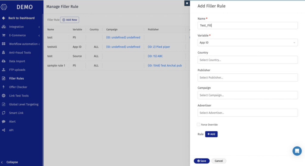Filler rule in Trackier Performance Marketing Software