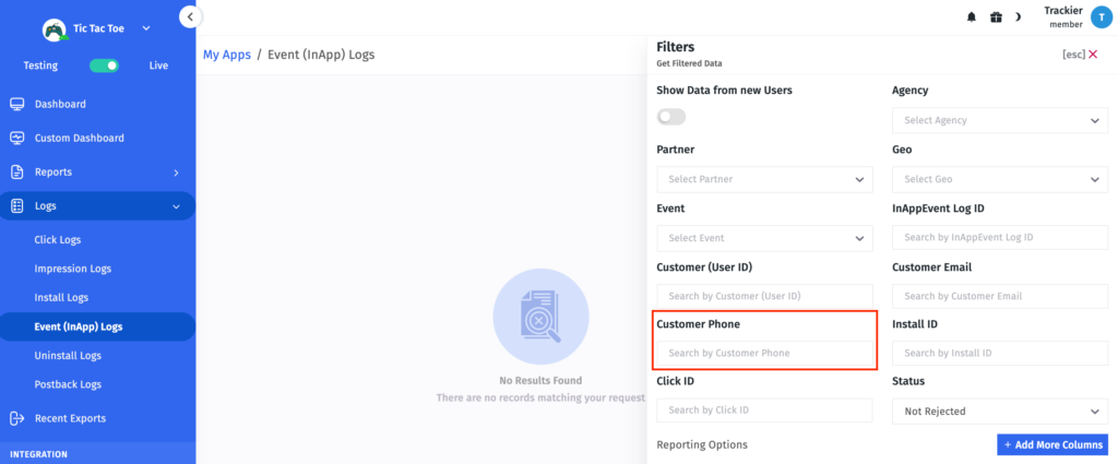 customer phone number filter in in-app event logs