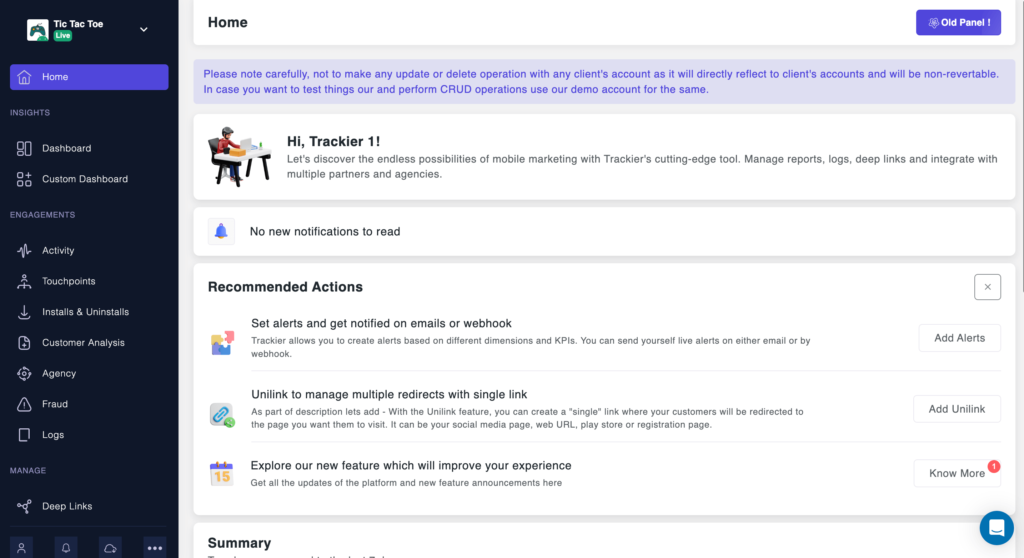an image showing a picture of Trackier's MMP dashboard with recommended actions