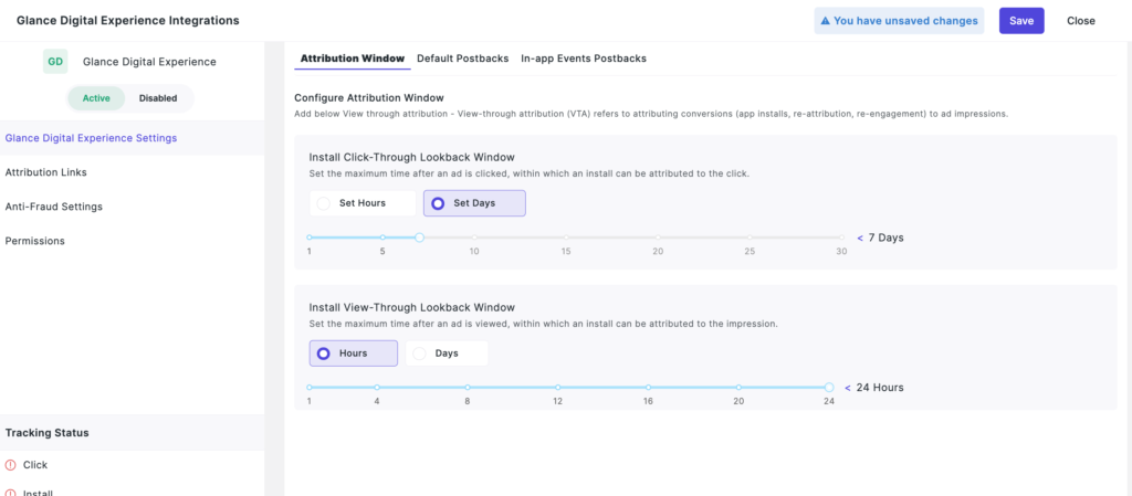 Trackier MMP dashboard screenshot on how to integrate Glance with Trackier.
